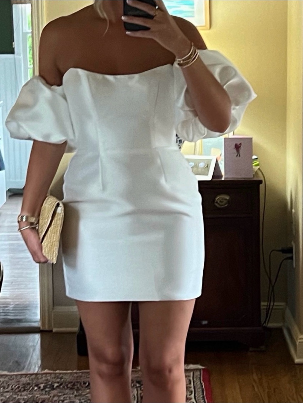 UNTAMED PETALS BY AMANDA JUDGE White Off-Shoulder Puff Sleeve Mini Dress
